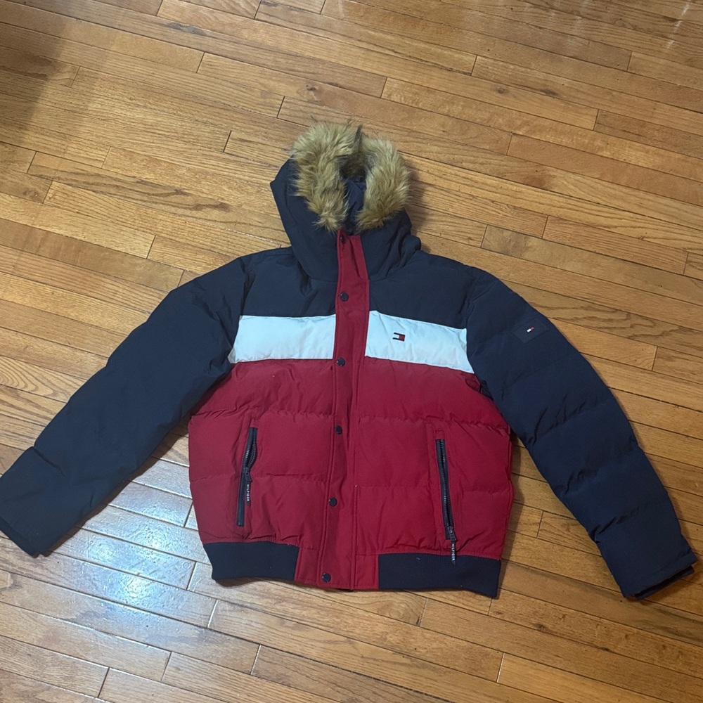 Tommy Hilfiger Navy, Red & White Faux Fur Trim Puffer